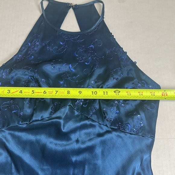 Zum Zum Teal Satin Halter Sequin Maxi Long Dress Womens Size 7/8 Vintage Prom - Picture 7 of 10
